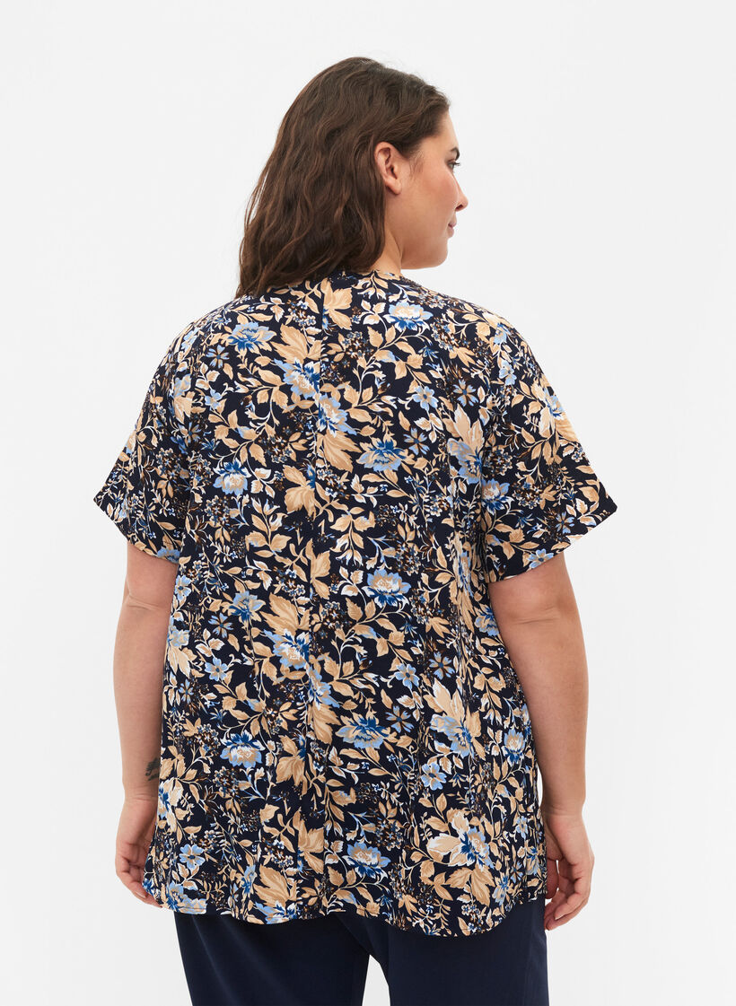 FLASH - Bluse mit kurzen Ärmeln und Print, Brown Blue Flower, Model image number 1