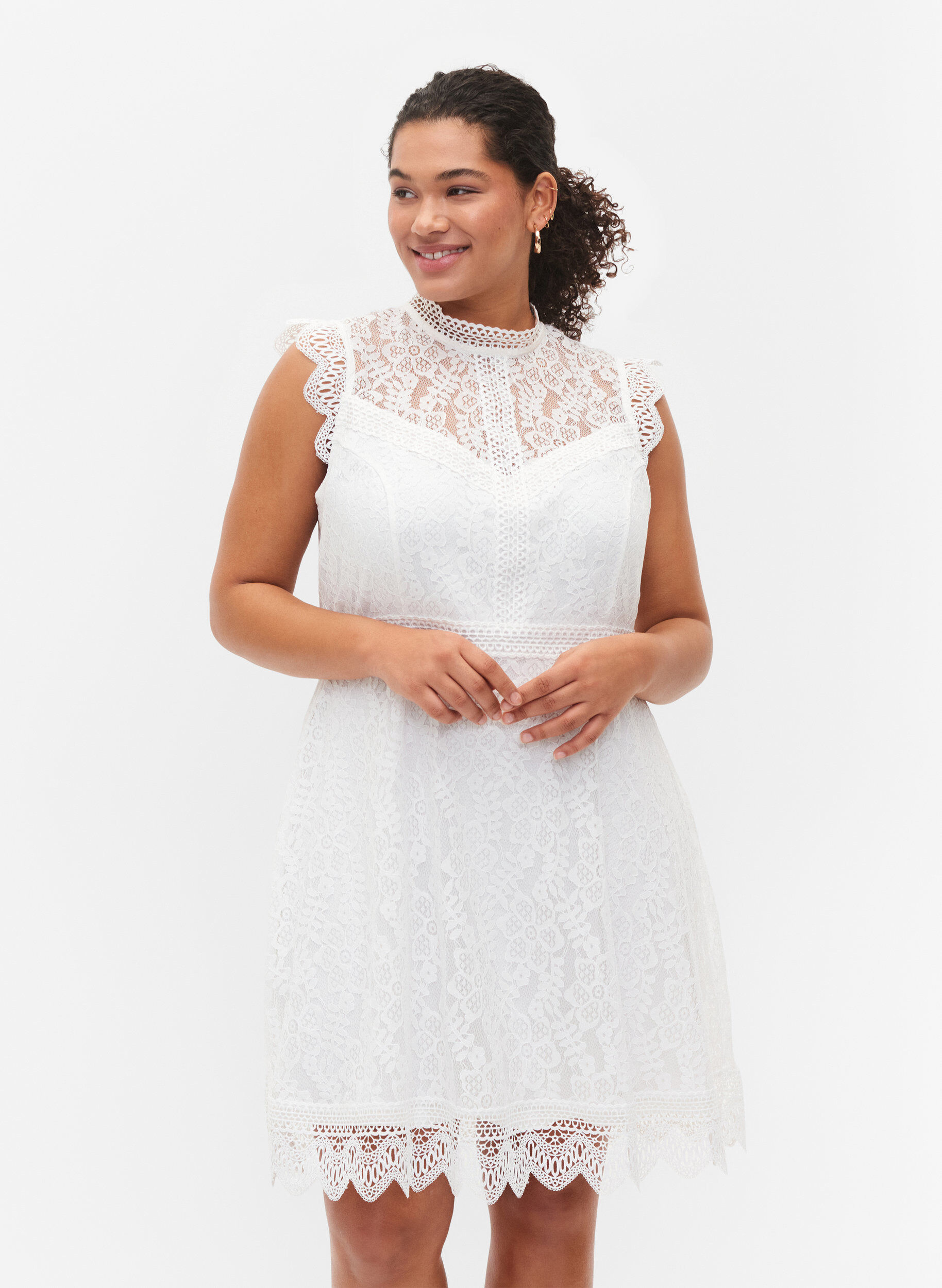 Zizzi &Auml;rmelloses Spitzenkleid, Bright White, Model image number 0