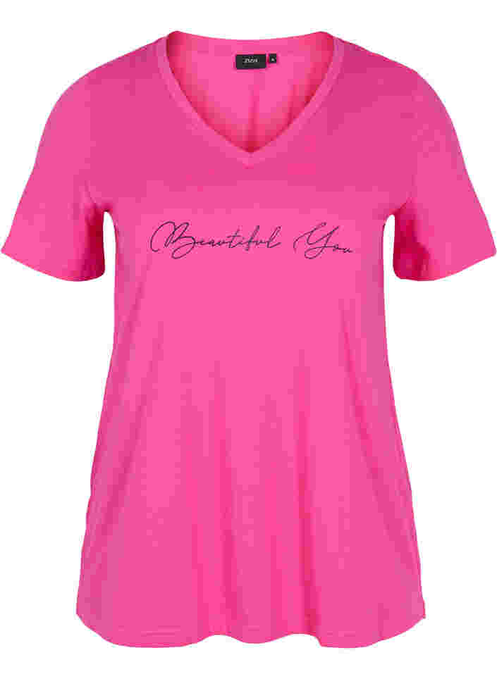 Kurzärmeliges Baumwoll-T-Shirt mit Aufdruck, Magenta Beautiful, Packshot image number 0
