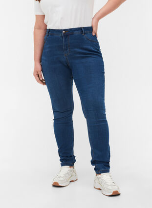 Super Slim Amy Jeans mit hoher Taille, Blue d. washed, Model image number 4