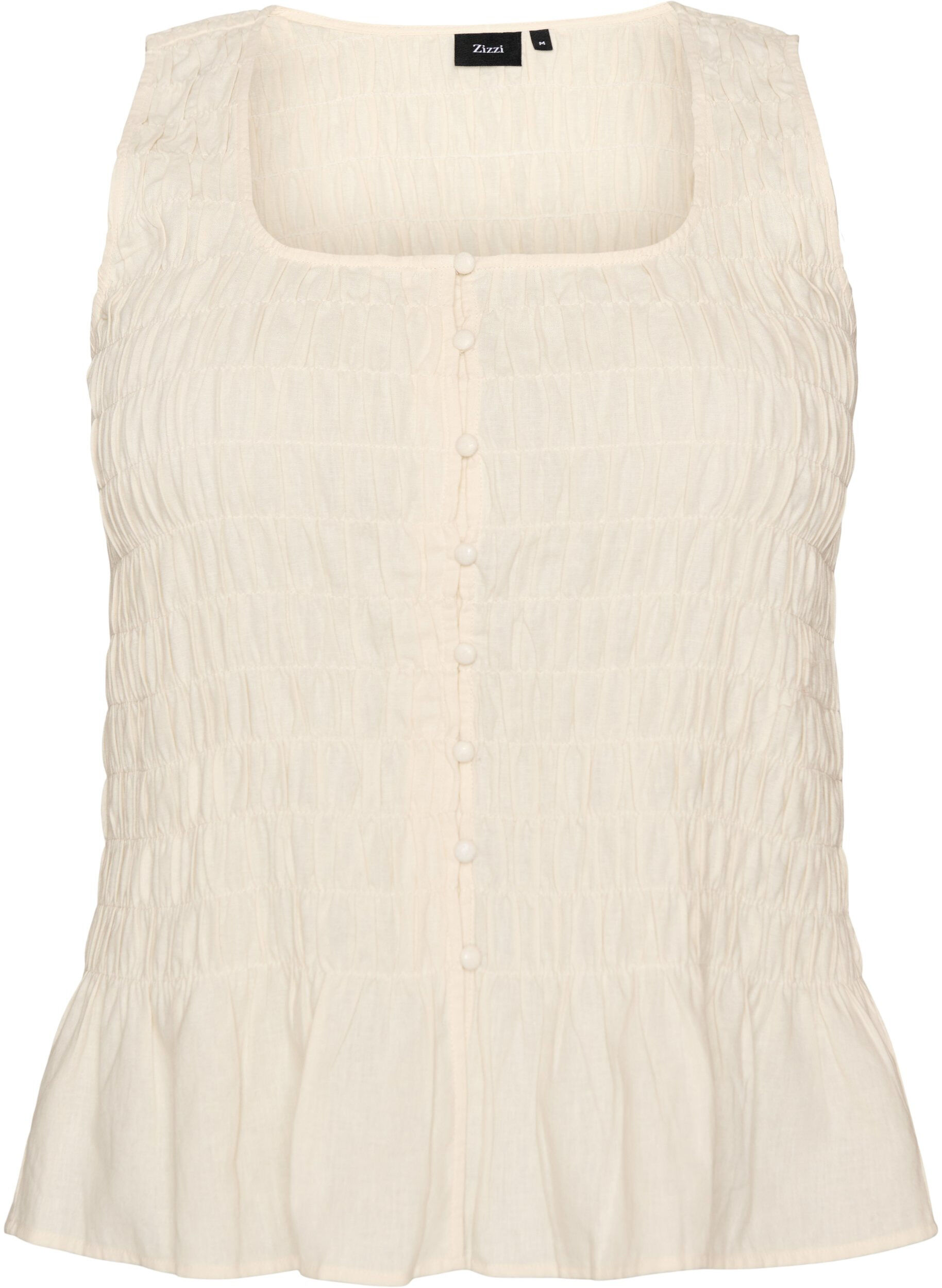 Zizzi&Auml;rmelloses Top aus Baumwolle und Leinen mit Smock, Vanille, Packshot image number 0