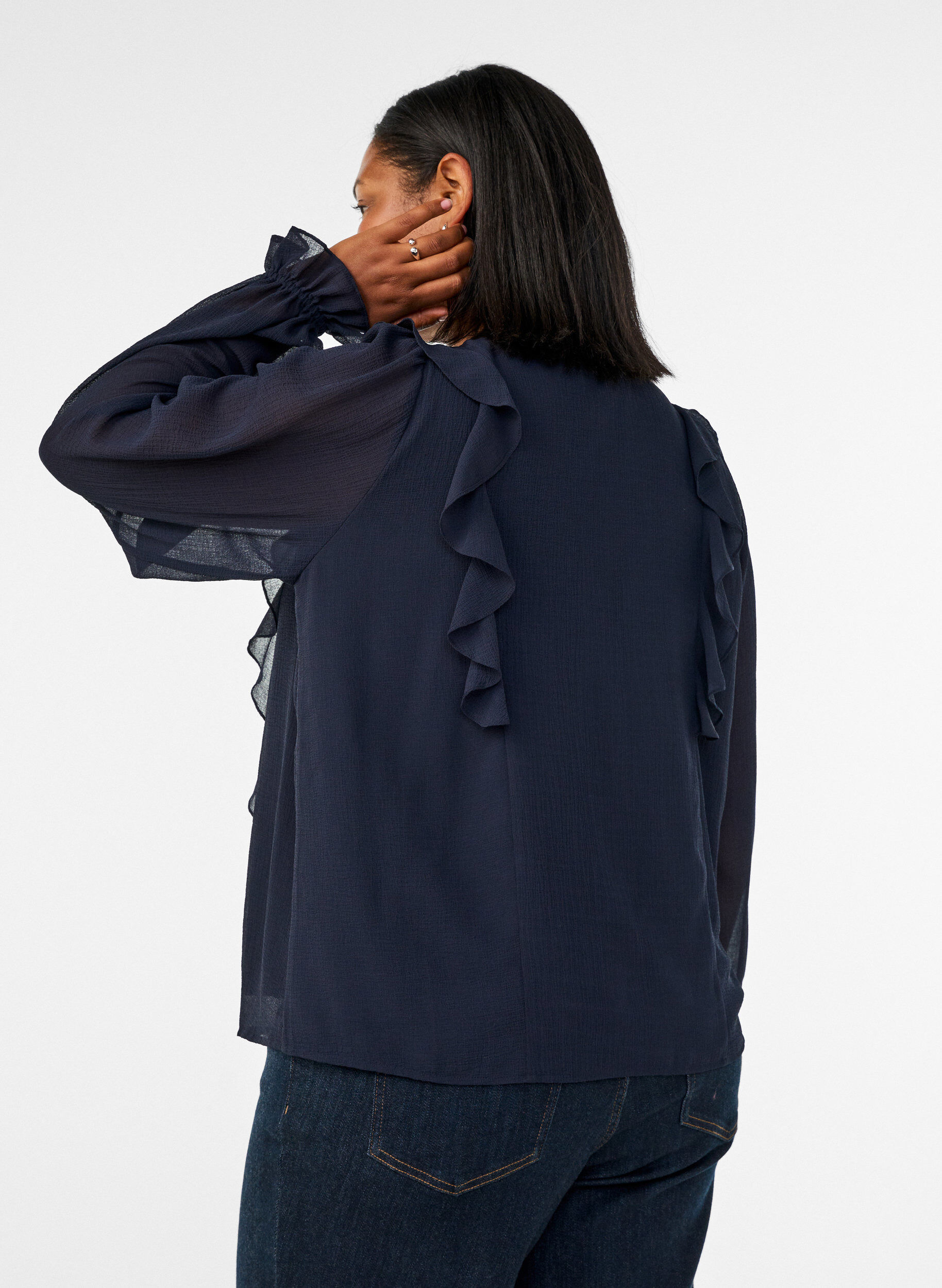 ZizziTransparente Bluse mit R&uuml;schen und Bindeband, Blau, Model image number 2