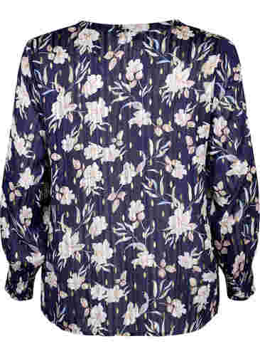 Bedruckte Bluse mit Smock und V-Ausschnitt, Blue Flower, Packshot image number 1