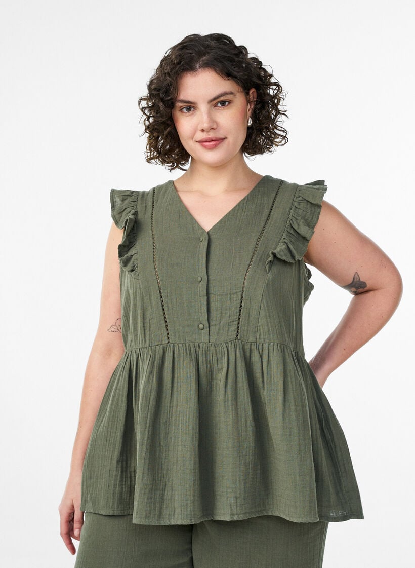 &Auml;rmellose Bluse aus Baumwoll-Musselin mit R&uuml;schen, Gr&uuml;n, Model image number 0