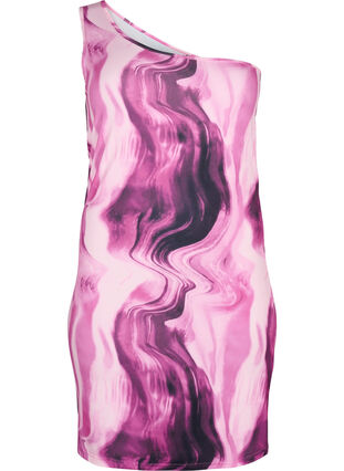 Eng anliegendes One-Shoulder Kleid mit Print, Raspberry Rose AOP, Packshot image number 0