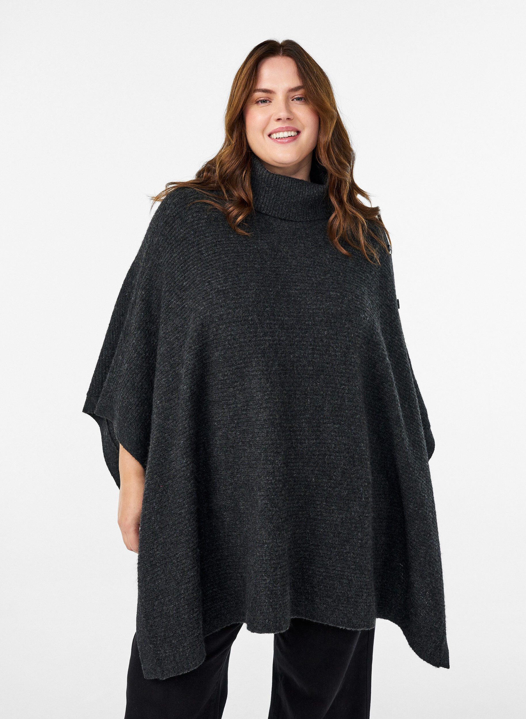 Zizzi Poncho mit Rollkragen und Knopfdetail , Grau, Model image number 0