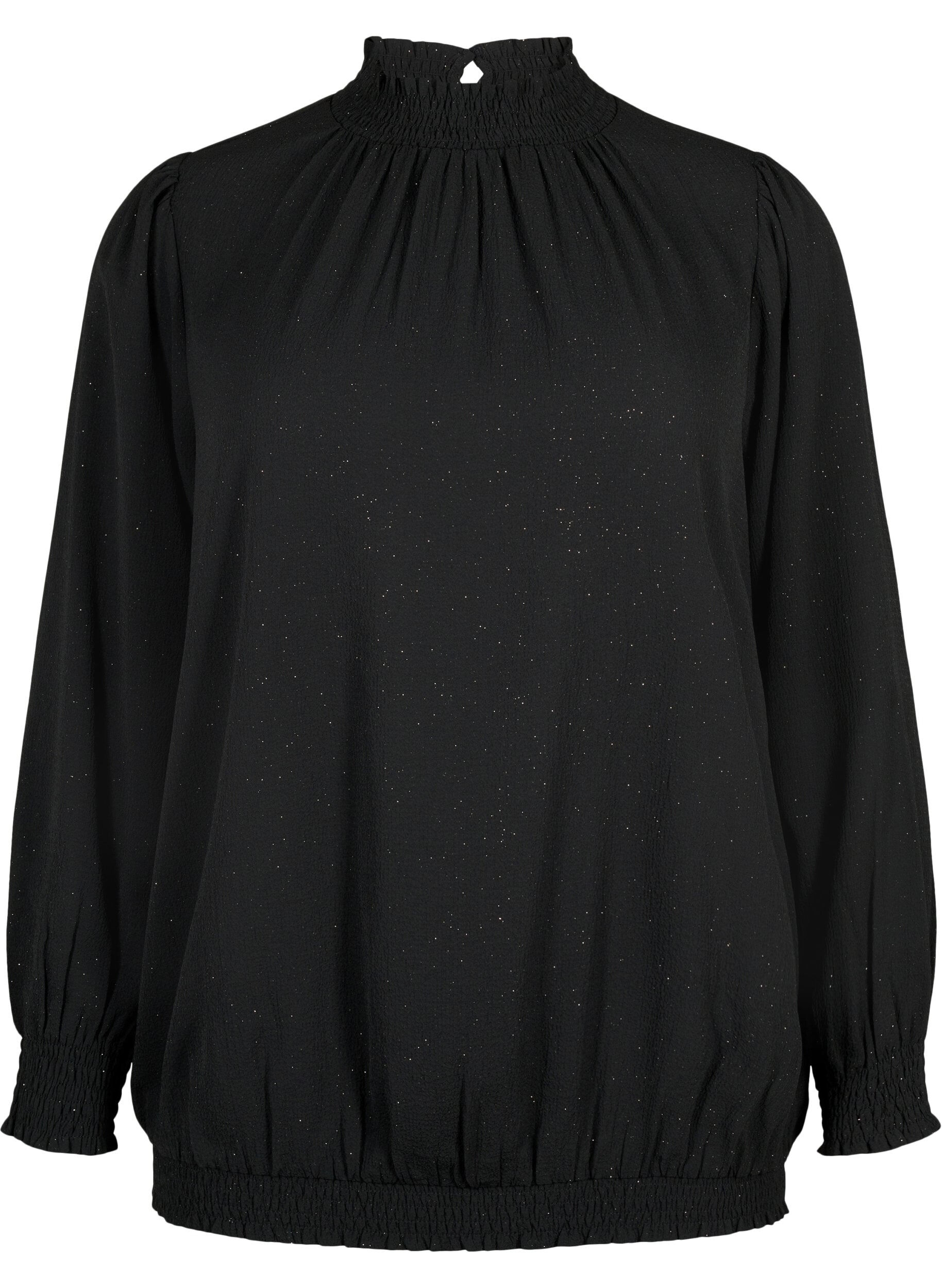 Zizzi FLASH &ndash; Lang&auml;rmelige gesmockteBluse mit Glitzer-Details	, Black w. Silver, Packshot image number 0