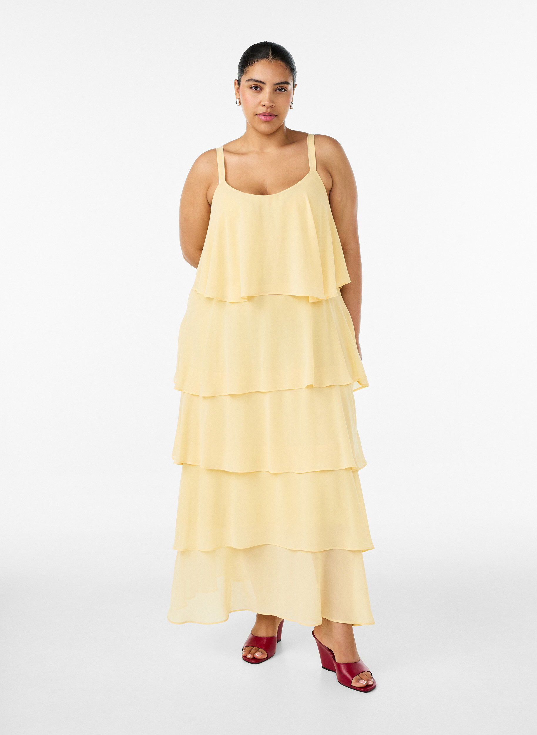 ZizziMaxikleid mit R&uuml;schen-Volants und abnehmbarem Cape, Gelb, Model image number 0