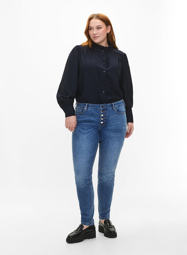 Sanna Jeans mit super schmaler Passform und Knopfverschluss, Blue denim, Model image number 0