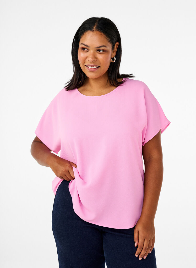 Bluse mit kurzen &Auml;rmeln und einem Rundhalsausschnitt, Pink, Model image number 0