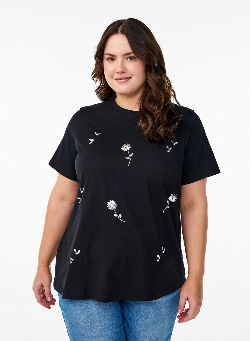 T-Shirt mit Pailletten-Blumen, Schwarz, Model image number 0