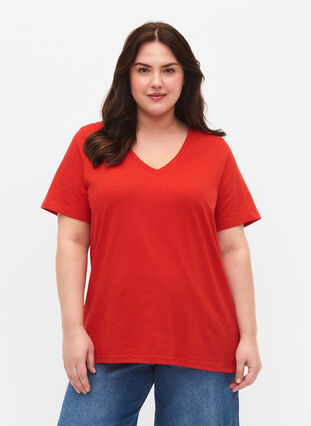 Kurzärmliges Basic-T-Shirt mit V-Ausschnitt, Flame Scarlet, Model image number 0