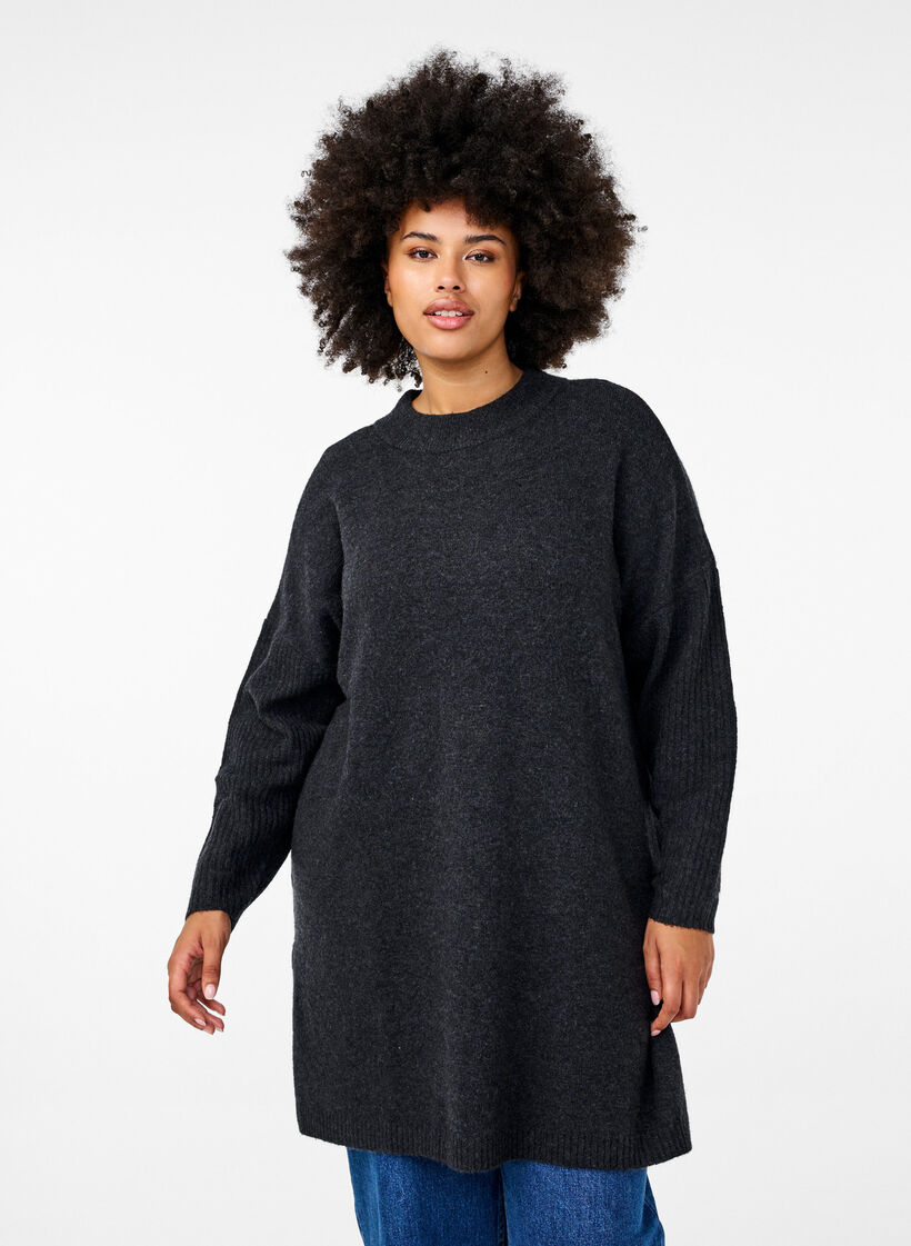 Lange Strickbluse mit langen Ärmeln, Dark Grey Melange, Model image number 0