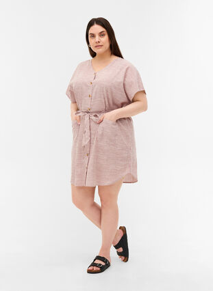 Gestreiftes Hemdkleid aus Baumwolle mit Taschen, Dry Rose Stripe, Model image number 2