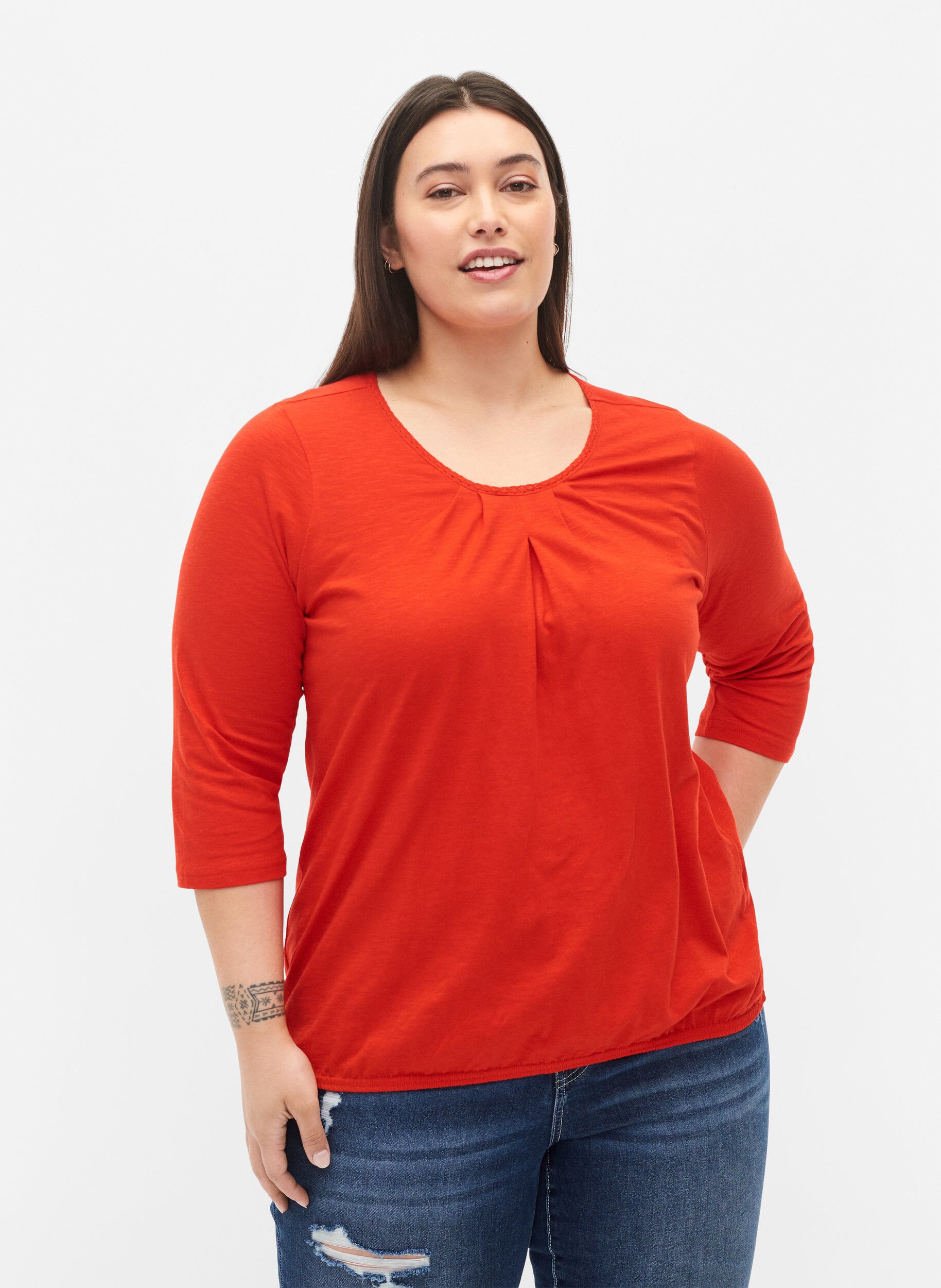 Zizzi Baumwollbluse mit 3/4 &Auml;rmeln, Fiery Red, Model image number 0