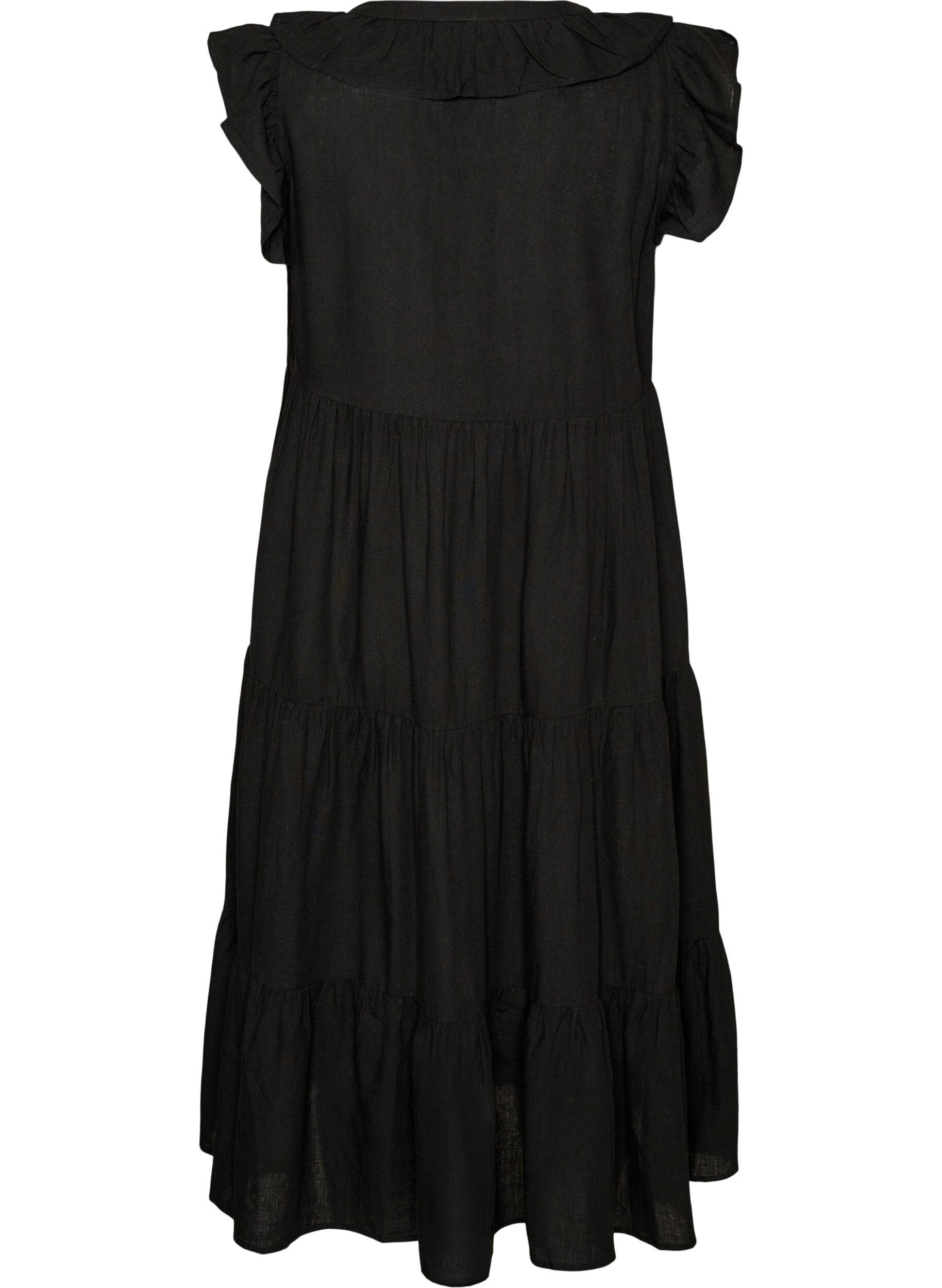 Zizzi&Auml;rmelloses Midikleid aus Leinen und Viskose mit R&uuml;schen, Schwarz, Packshot image number 1