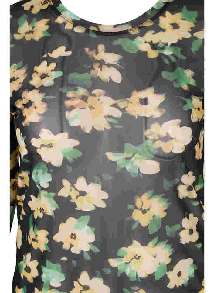 Enganliegende Mesh-Bluse mit Blumenmuster, Yellow Green AOP, Packshot image number 2