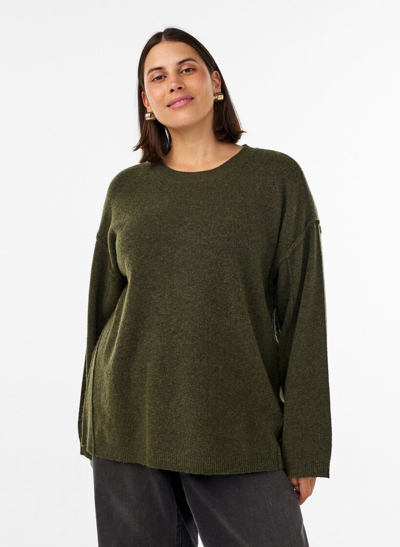 Lockerer Strickpullover mit Kontrastn&auml;hten, Gr&uuml;n, Model image number 0