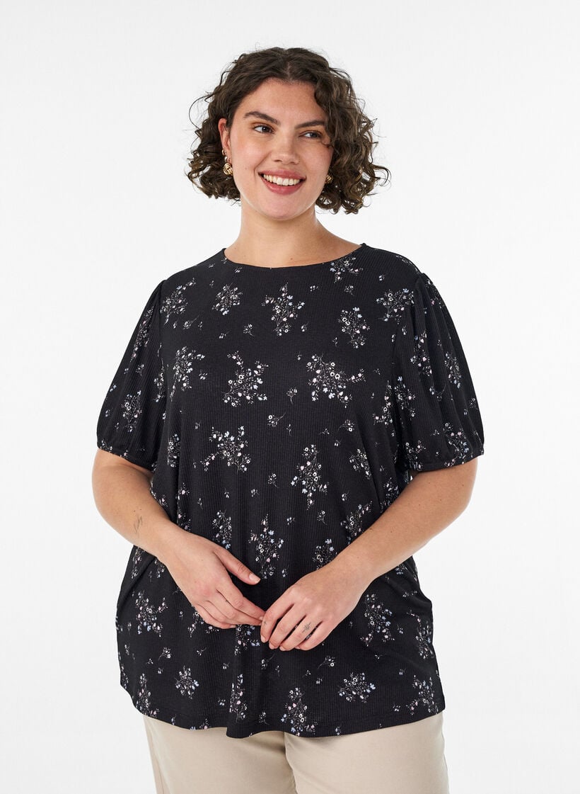Gemusterte Bluse mit kurzen &Auml;rmeln, Schwarz, Model image number 0
