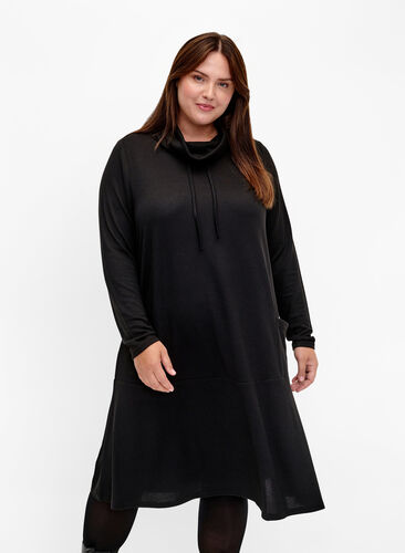 Hochgeschlossenes Jerseykleid mit Taschen, Black, Model image number 0