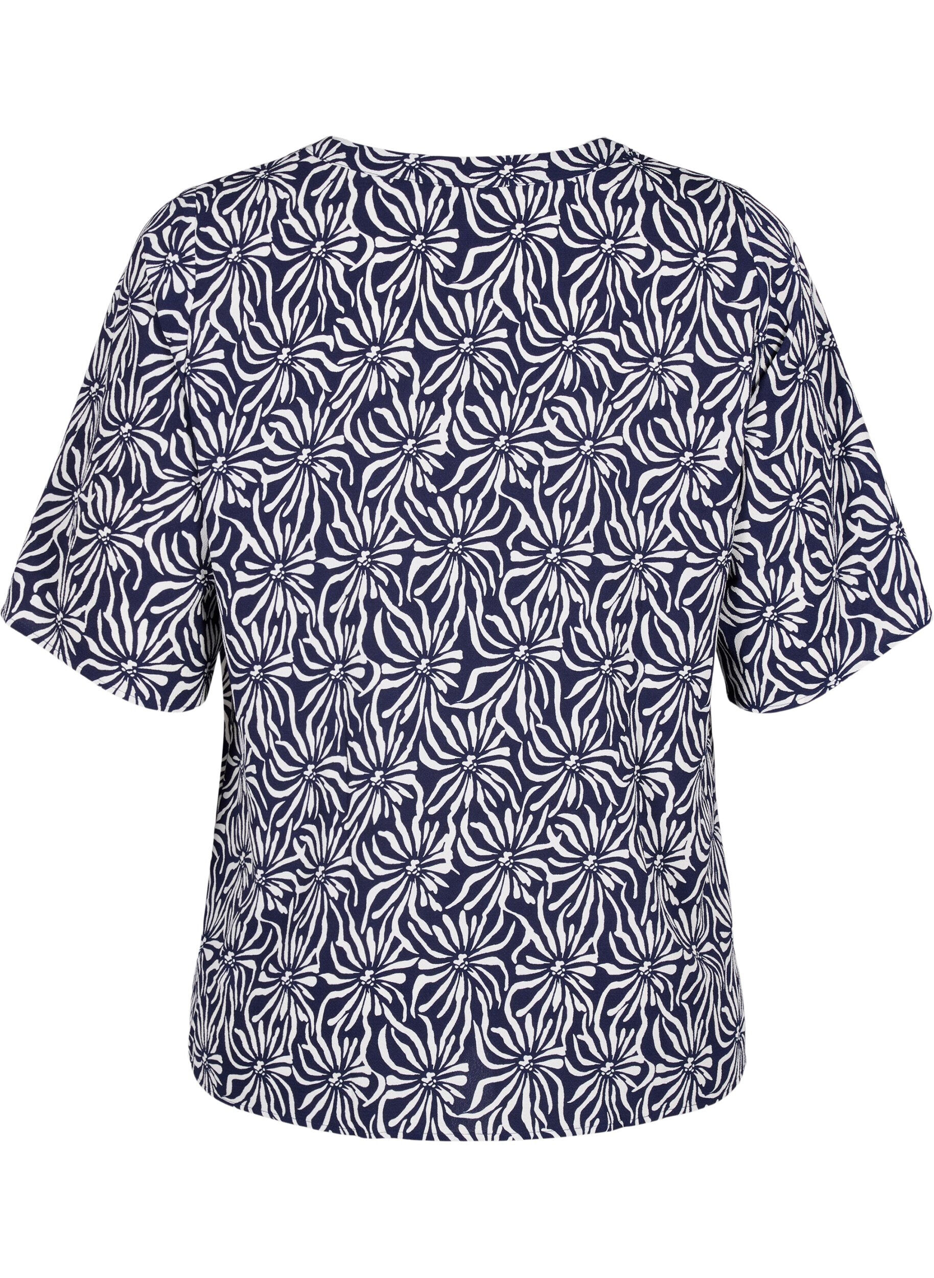 Zizzi Bluse mit V-Ausschnitt und Blumendruck, White Blue Flower, Packshot image number 1