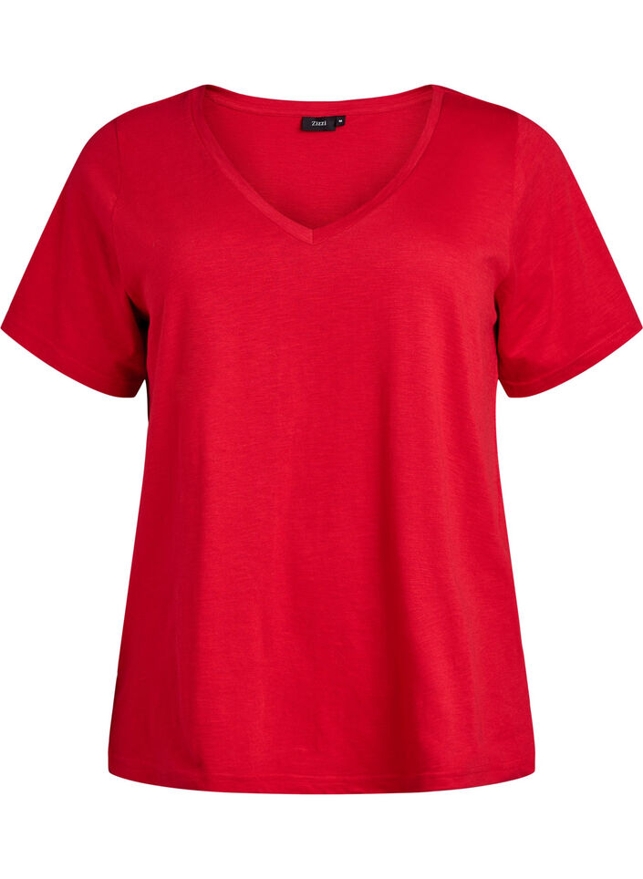 Kurz&auml;rmliges Basic-T-Shirt mit V-Ausschnitt, Rot, Packshot image number 0