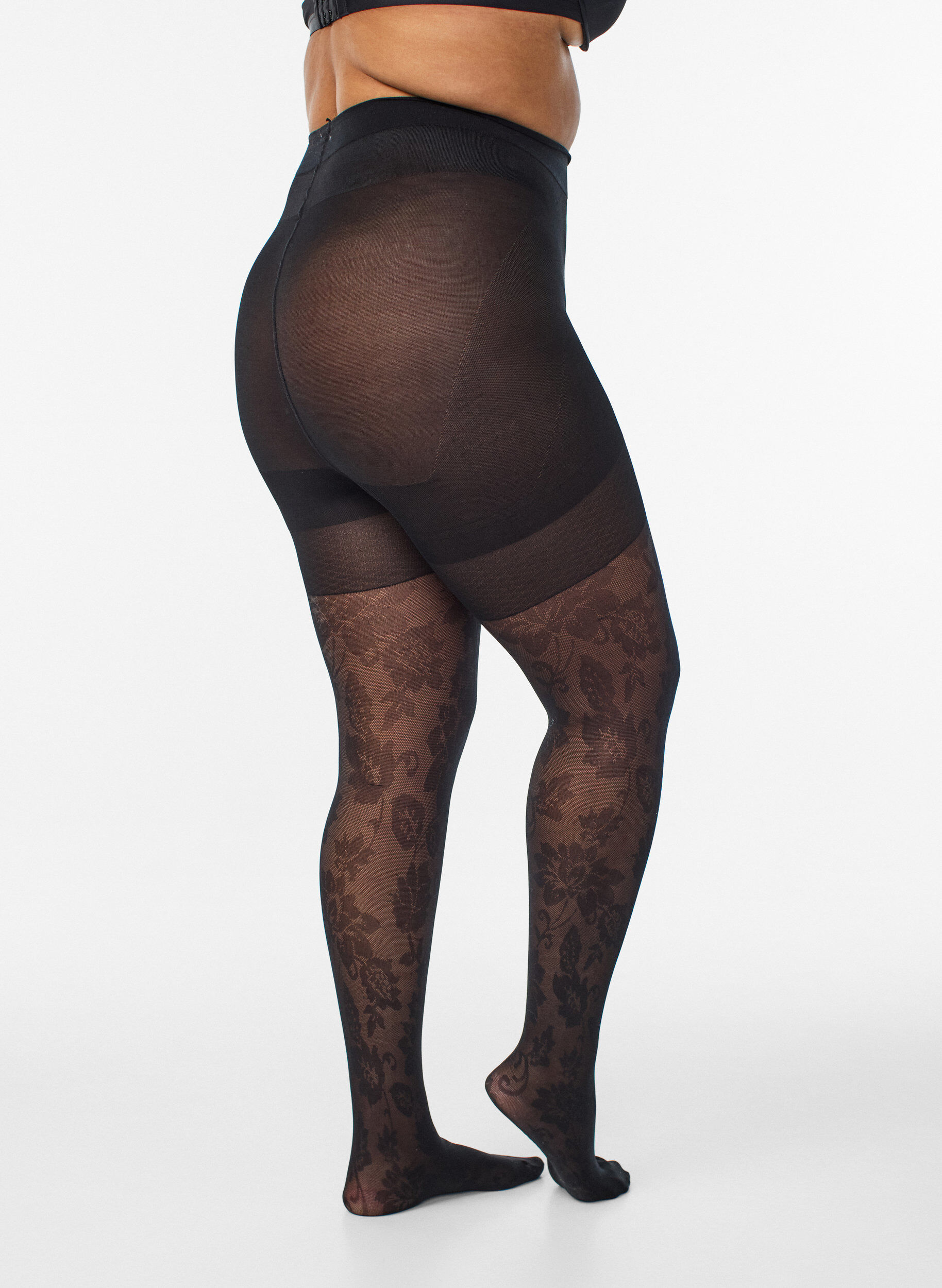 Zizzi Gebl&uuml;mte Strumpfhose mit Push-up-Effekt - 50 Den, Schwarz, Packshot image number 1