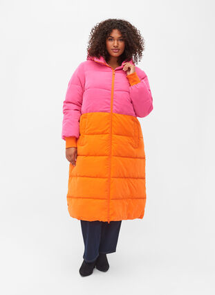 Lange Winterjacke mit Colour-Block, Pink W/Orange, Model image number 0