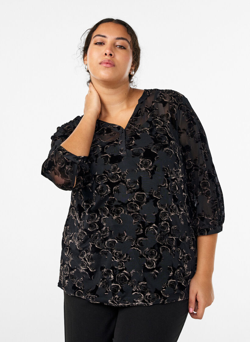 Bluse aus Mesh mit Veloursrosen und 3/4-Ärmeln, Schwarz, Model image number 0