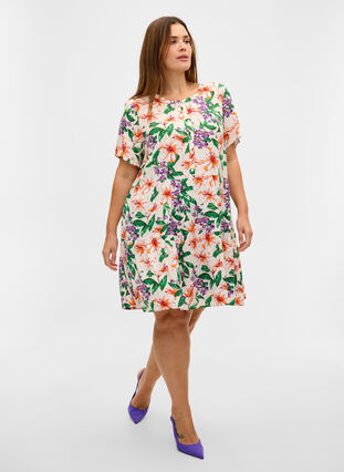 Kurzarm-Kleid aus Viskose mit A-Linie, Tropic AOP, Model image number 2