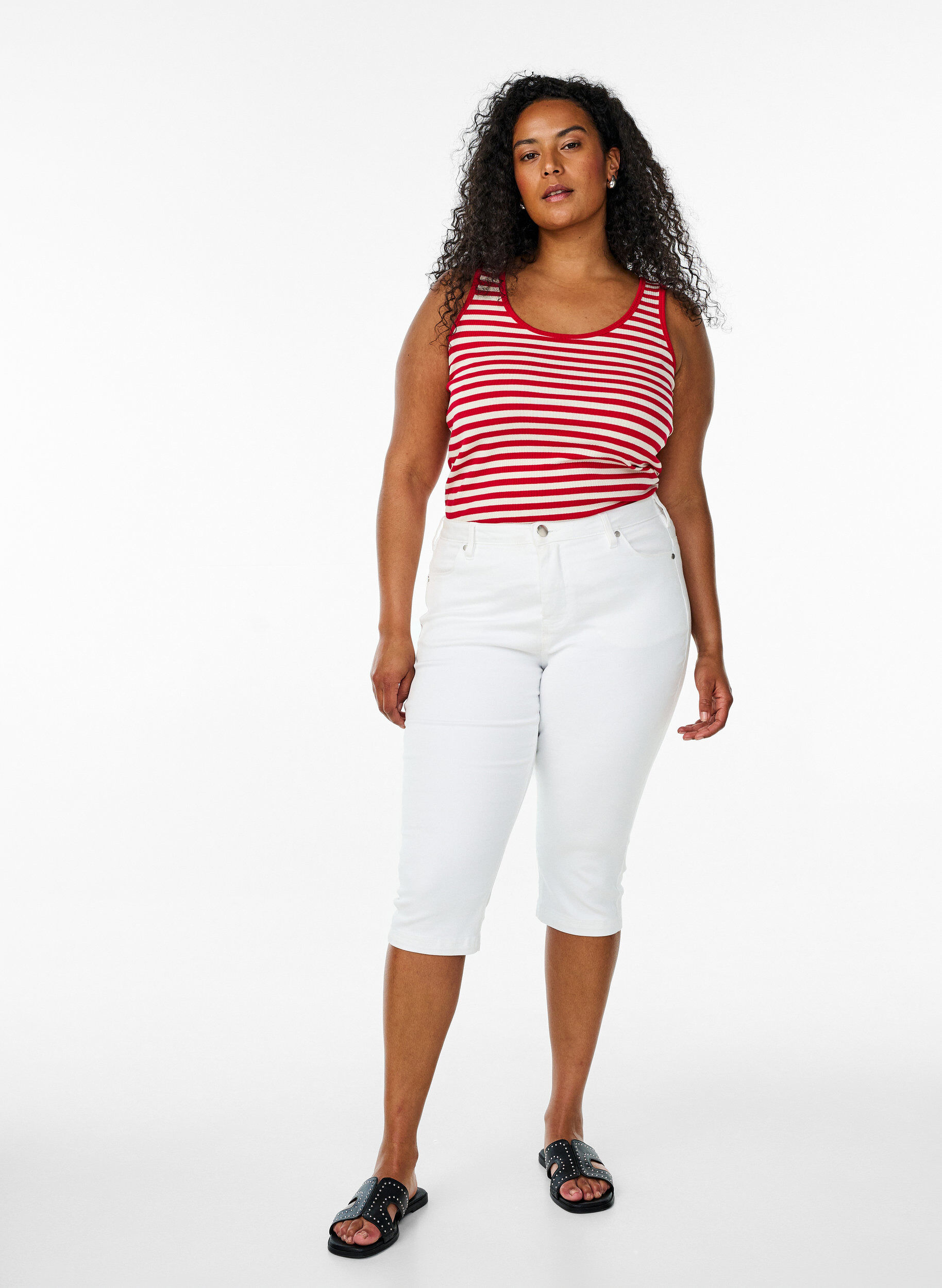 Zizzi Gestreiftes Tanktop mit Rippenstruktur, Rot, Model image number 1