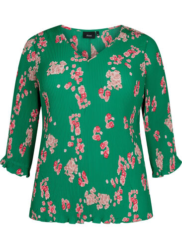 Plissierte Bluse mit 3/4-Ärmeln, Jolly Green Flower, Packshot image number 0
