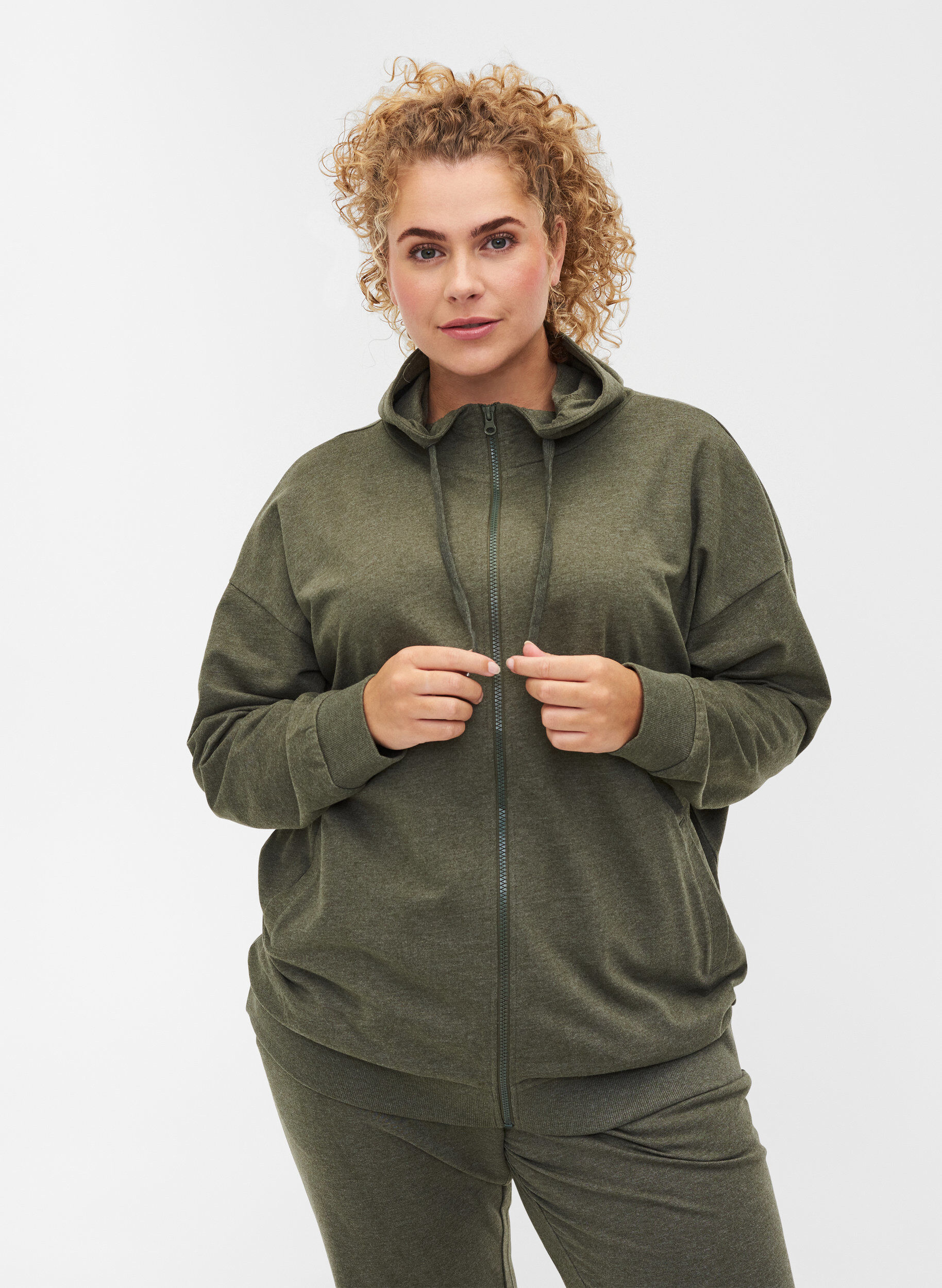 Zizzi Sweat-Cardigan mit Rei&szlig;verschluss und Kapuze, Forest Night, Model image number 0