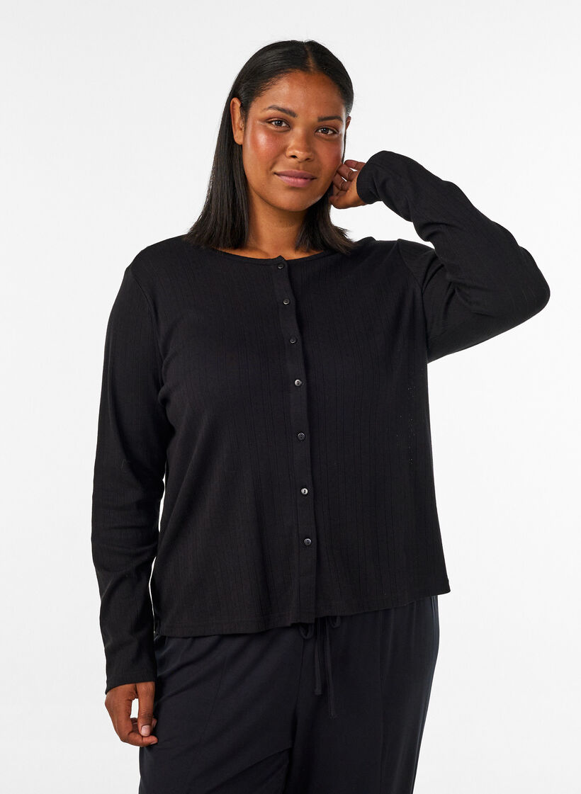 Strickjacke aus Bio-Baumwolle mit Lochstickerei, Schwarz, Model image number 0