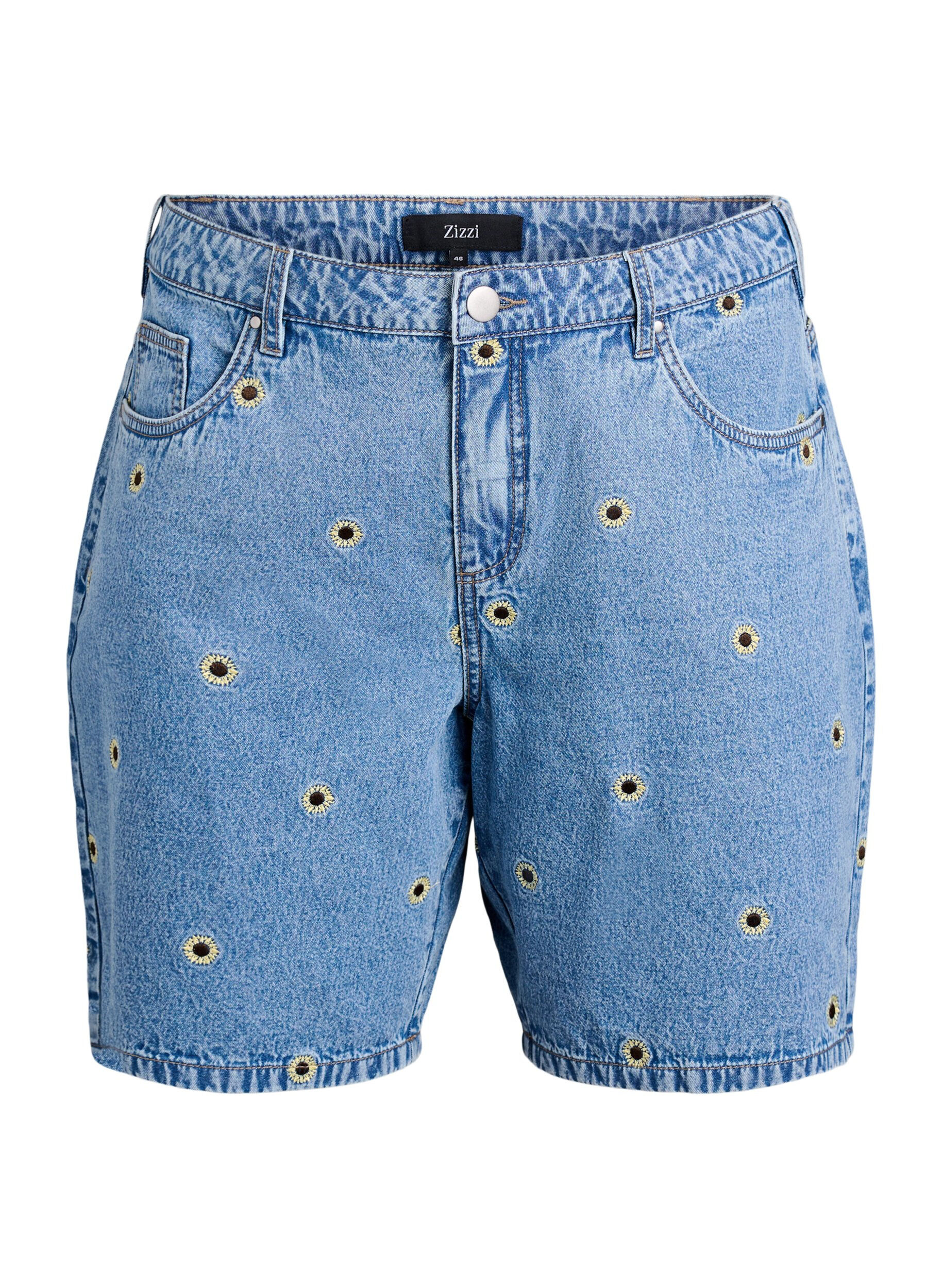 Zizzi Denim-Shorts mit aufgestickten Blumen, Blau, Packshot image number 0