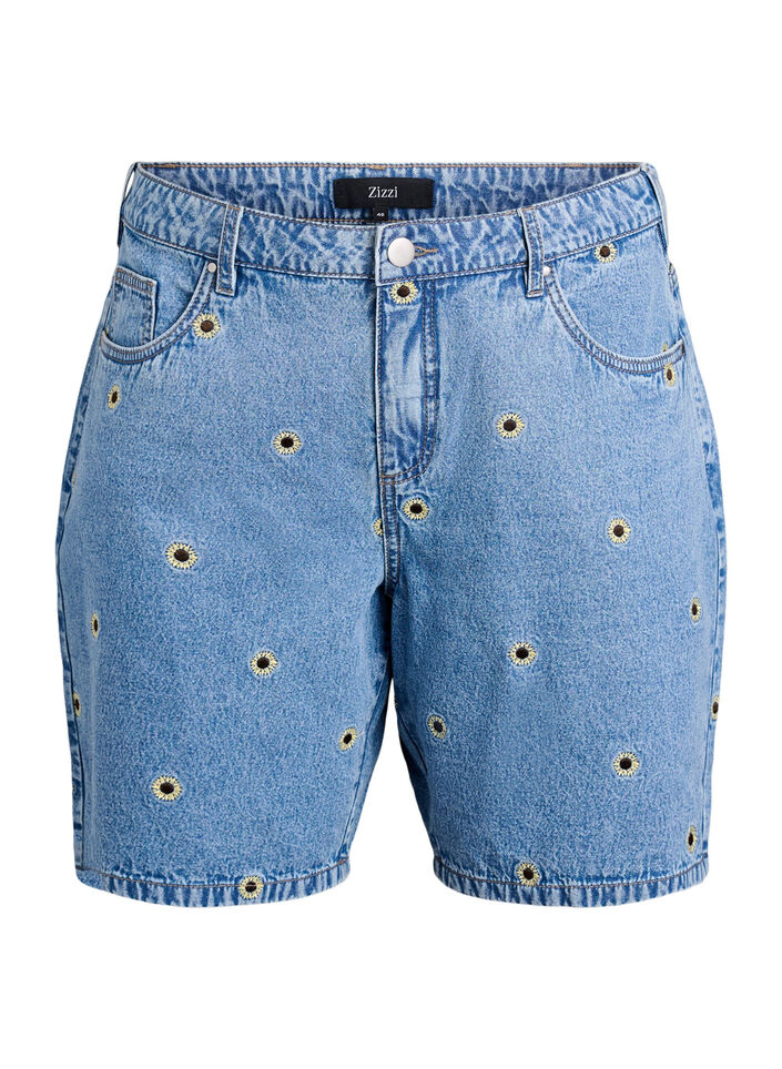 Denim-Shorts mit aufgestickten Blumen, Blau, Packshot image number 0