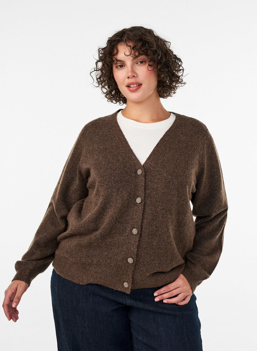 Strickjacke mit Zierkn&ouml;pfen und V-Ausschnitt, Braun, Model image number 0