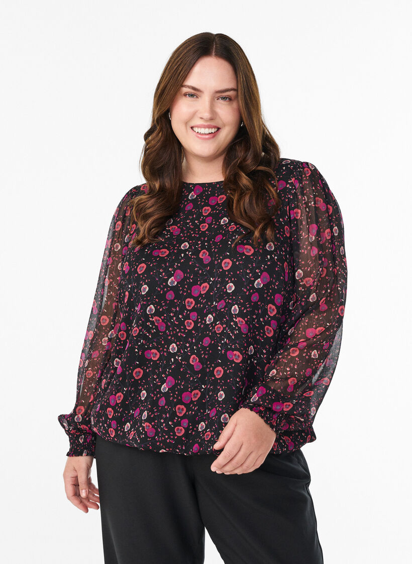 Gebl&uuml;mte Bluse aus Chiffon mit transparenten &Auml;rmeln, Schwarz, Model image number 0