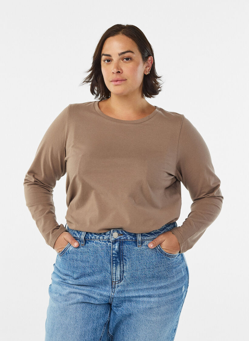 Basic Bluse aus Jersey mit langen &Auml;rmeln, Braun, Model image number 0