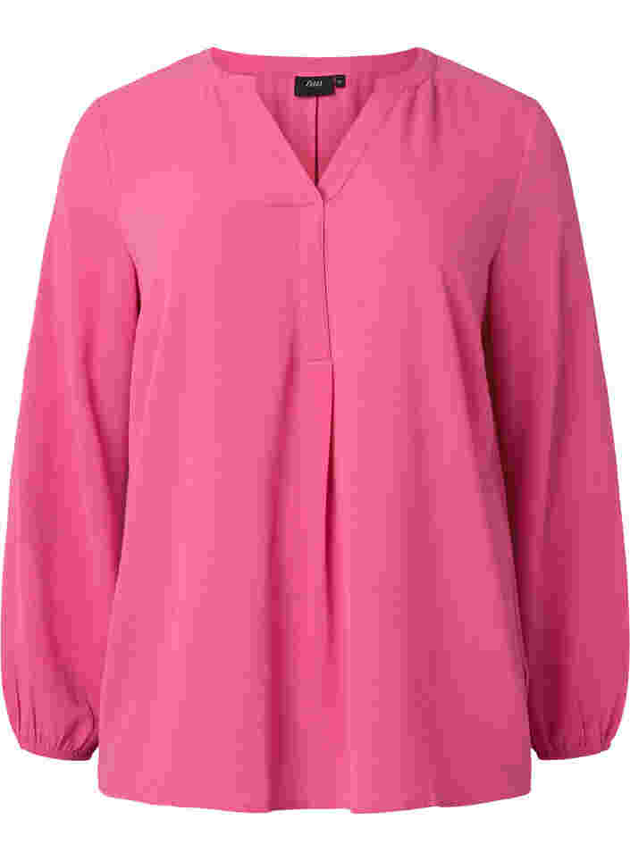 Unifarbene Bluse mit V-Ausschnitt, Shocking Pink, Packshot image number 0