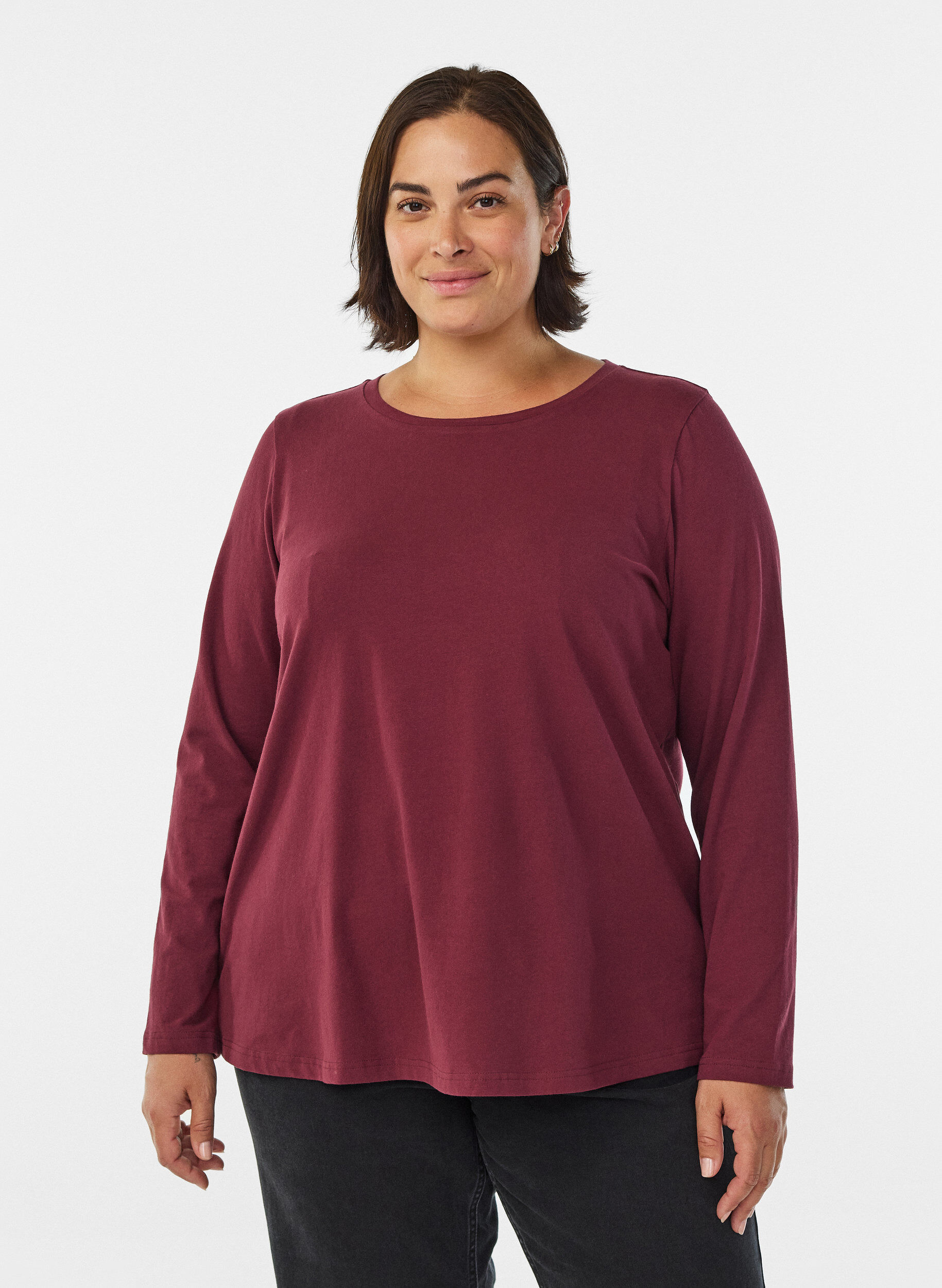 ZizziBasic Bluse aus Jersey mit langen &Auml;rmeln, Dunkles Bordeaux, Model image number 0