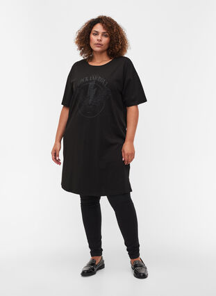 T-Shirt-Kleid aus Baumwolle mit Printdetails, Black w. Black, Model image number 2