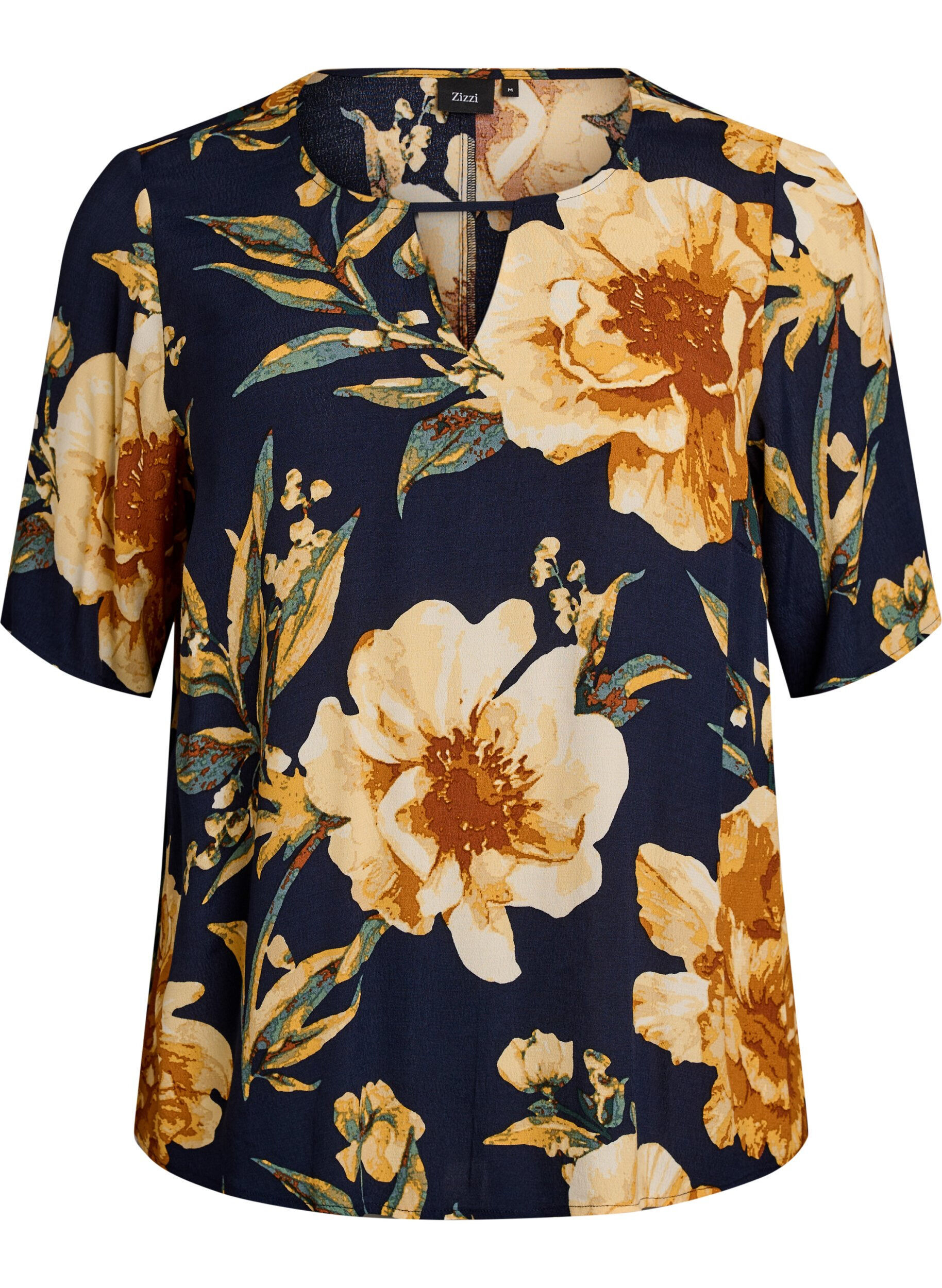 Zizzi Kurz&auml;rmelige Bluse aus Viskose mit Print, Blau, Packshot image number 0