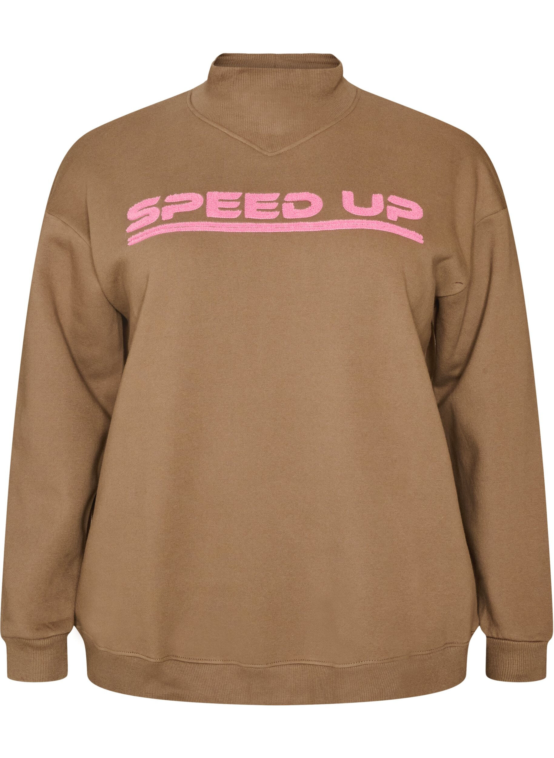 ZizziSweatshirt mit hohem Kragen und sportlichem Frontmotiv, Braun, Packshot image number 0