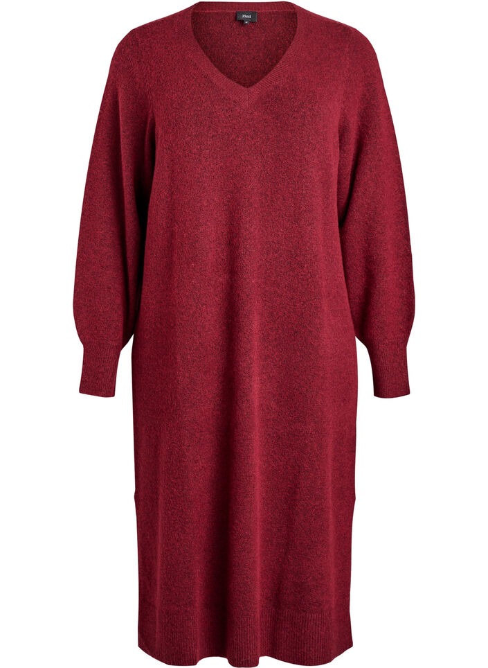 Lang&auml;rmeliges Strickkleid mit V-Ausschnitt, Rot, Packshot image number 0