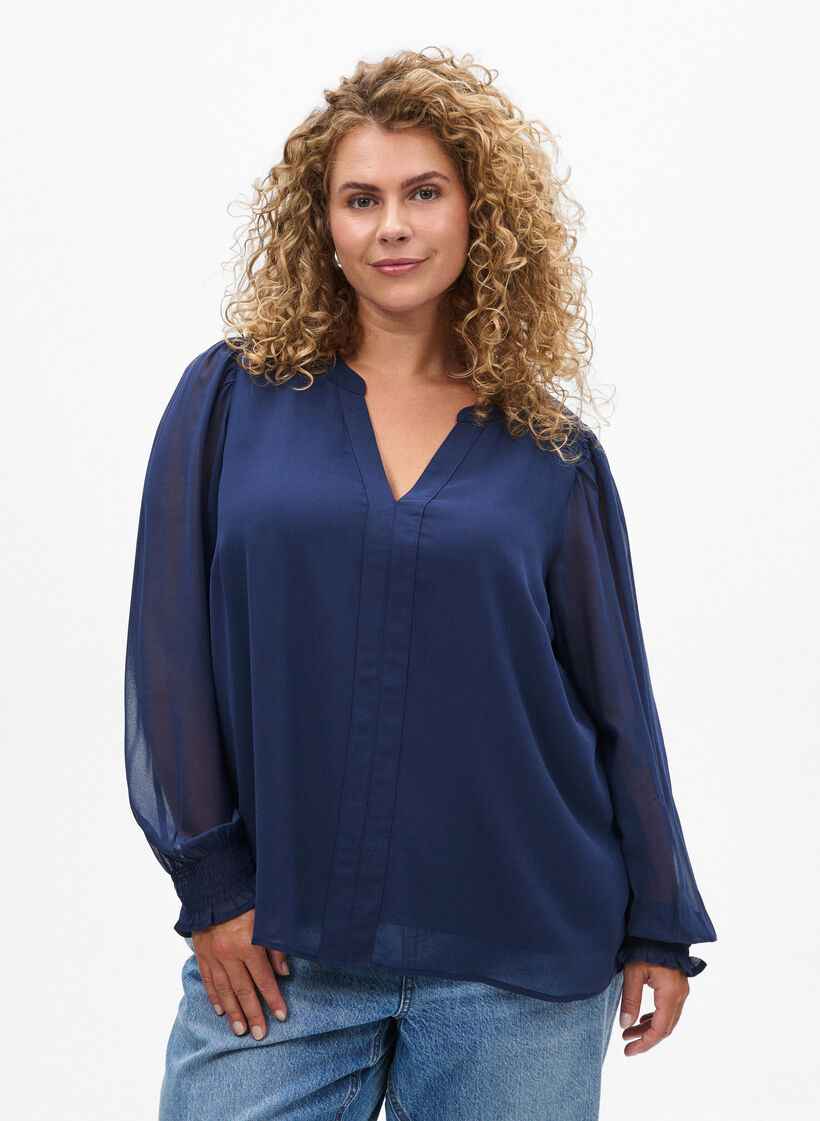 Bluse mit transparenten Ärmeln und Smok, Blau, Model image number 0
