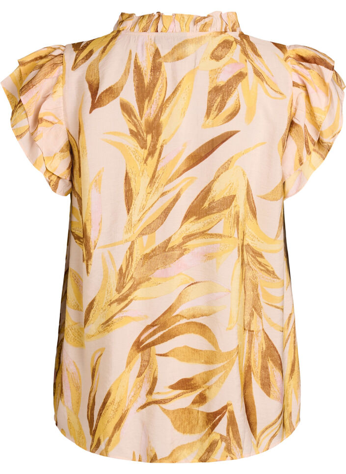 Bluse aus Viskose mit Bl&auml;tterprint und R&uuml;schendetails, Gelb, Packshot image number 1