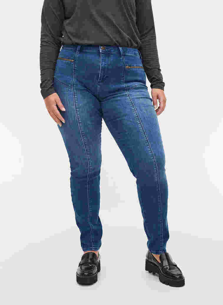 Dual Core Amy Jeans mit hoher Taille, Blue denim, Model image number 2