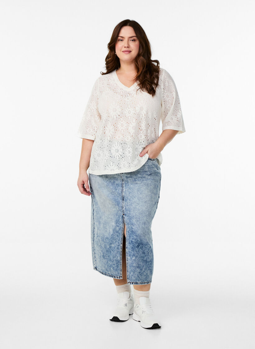 Bluse mit Lochmuster und kurzen Ärmeln, Beige, Model image number 1
