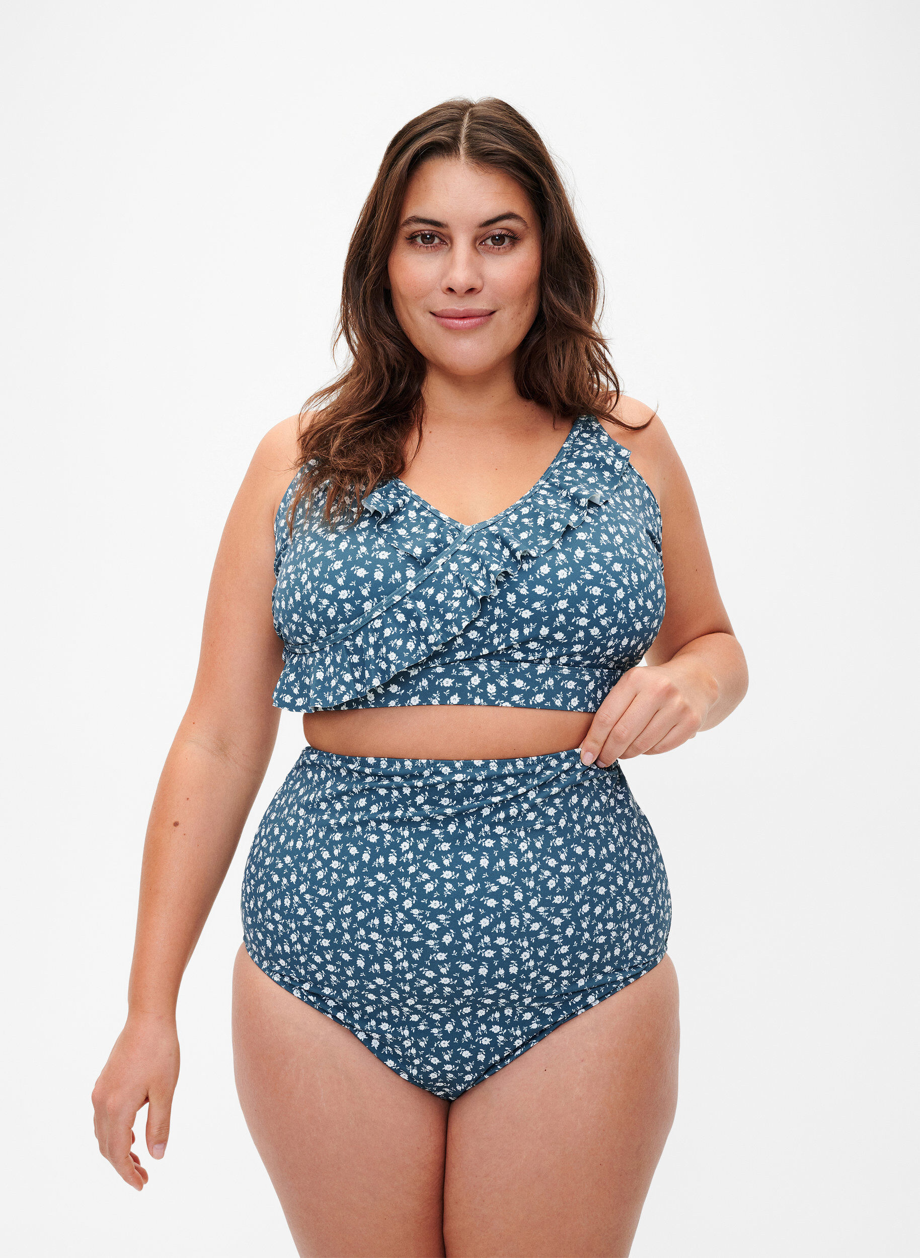 Zizzi Extra hoch taillierte Bikini-Hose mit Blumenprint, Petrol, Model image number 0